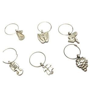 Vintage wine glass charm 6 piece set pewter silver toned